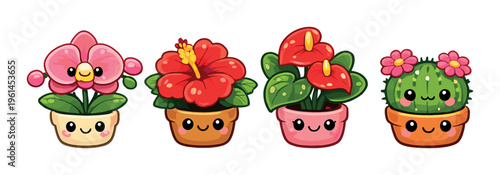 Flowering potted plants with faces on neutral gradient background