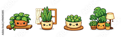 Potted plants with smiling faces arranged on indoor shelf