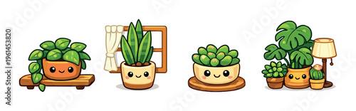 Potted plants with smiling faces arranged on indoor shelf