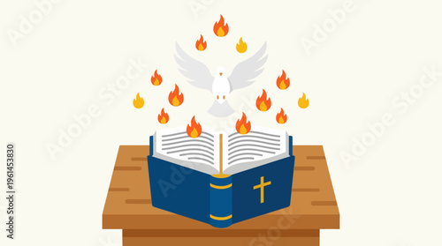 Holy Bible with burning flames rising.