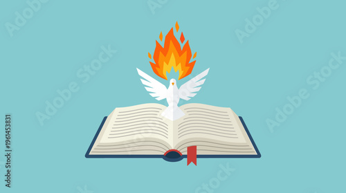Holy book with flame and dove.
