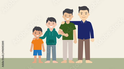 Four cartoon men standing together smiling.