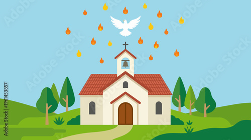 Small white church with red roof.