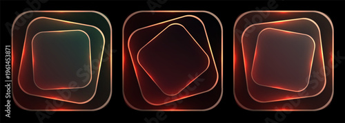 Neon glowing rounded square frames abstract background with three floating luminous shapes, warm orange and red glows against deep black, high contrast modern tech vibe, ideal for music visual, event