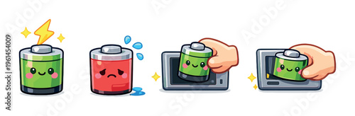 Charged and low batteries with replacement action on gray background