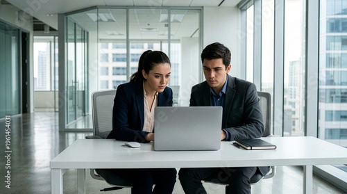 Two business professionals collaborating on laptop in modern office space with glass walls and city view