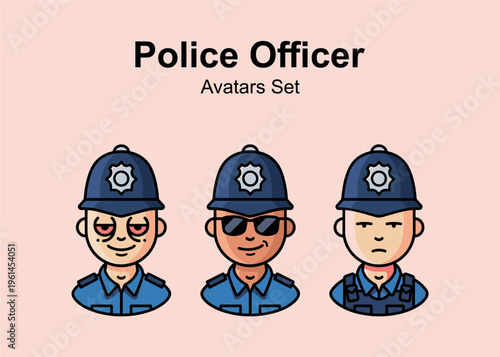 Set of Three Police Officer Avatars with Different Facial Expressions, Flat Vector Illustration of Cartoon Law Enforcement Characters for Icons and Social Media