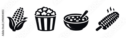 Four monochrome food icons including corn popcorn soup and skewer