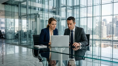 Business colleagues collaborating on laptop in modern office with city view