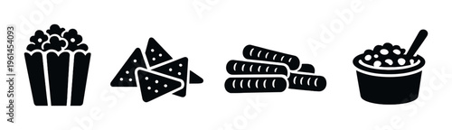 Snack food icons popcorn chips sticks and dip on dark background