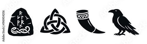 Runestone knot drinking horn and raven arranged on dark background