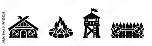 Longhouse campfire watchtower and palisade aligned on dark background