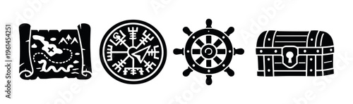 Treasure map compass wheel and chest aligned on dark background