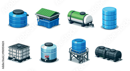Variety of water storage tanks and containers on display