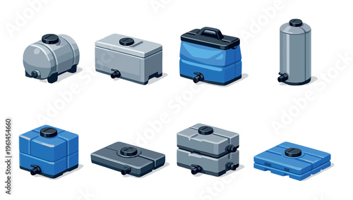 Assorted portable water containers and jerrycans in isometric view