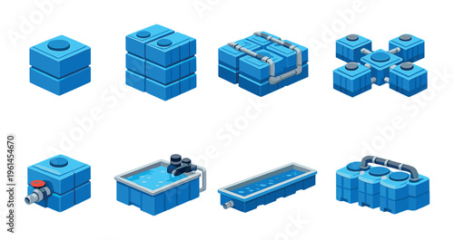 Modular blue water storage blocks and interconnected pools on dark background