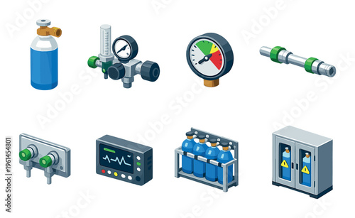 Medical gas equipment components arranged on dark gradient background