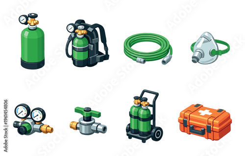 Green oxygen cylinders and breathing equipment on dark background