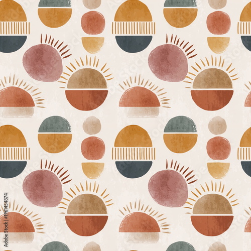 Seamless Pattern Boho Tribal Ethnic Design with Sun Totem and Earthy Colors for Textiles