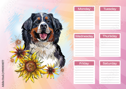 Bernese Mountain Dog printable planner and school schedule vector
