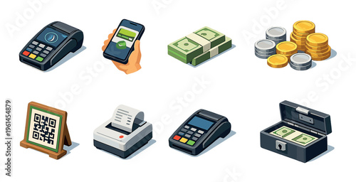 Payment icons including card terminal, mobile pay and cash box