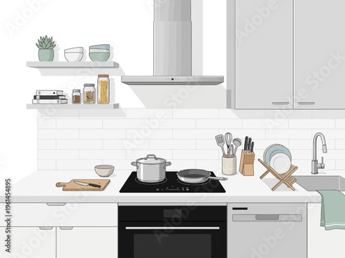 A modern and functional kitchen interior with cooking appliances, utensils, and cookware, perfect for culinary content and home design inspiration