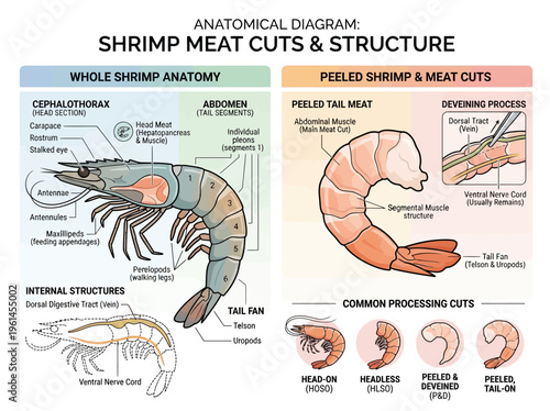 Anatomical Diagram Illustrating the Whole Shrimp Anatomy, Peeled Shrimp, and Common Processing Cuts