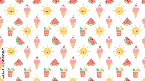 Colorful seamless pattern featuring drinks in glasses, fruit slices and sun icons for a playful summer design.