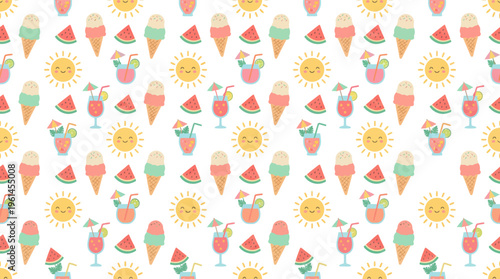 Colorful ice cream cone seamless pattern with pastel hues and sprinkles on a playful background.
