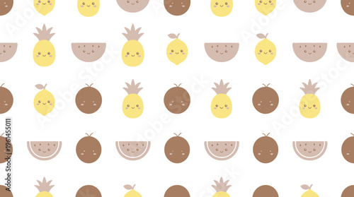 Repeating tropical fruit pattern with pineapples and coconuts in yellow and brown on a light background.