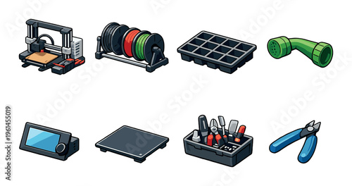 3d printer workstation tools and gardening nozzle on backdrop