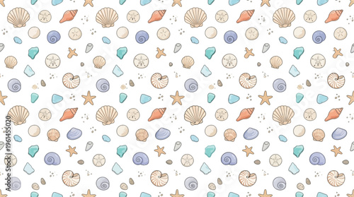 Seashell Pattern Background with Assorted Shells and Nautical Motifs for Textiles and Design.