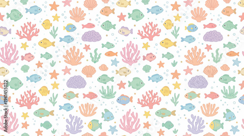Colorful underwater coral reef pattern with fish and shells suitable for textiles and wallpapers.
