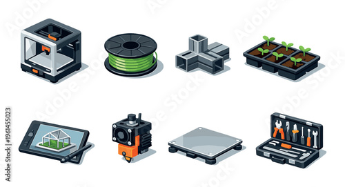 3d printer components and seedling tray on dark background