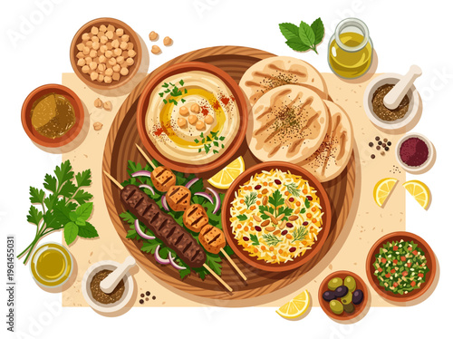 Delicious Middle Eastern Mezze Platter with Hummus, Kebabs, and Rice