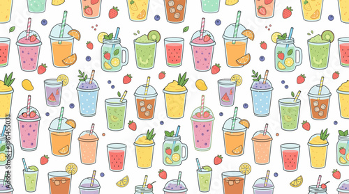 Colorful beverage pattern with assorted cups and straws in a cheerful repeating design.
