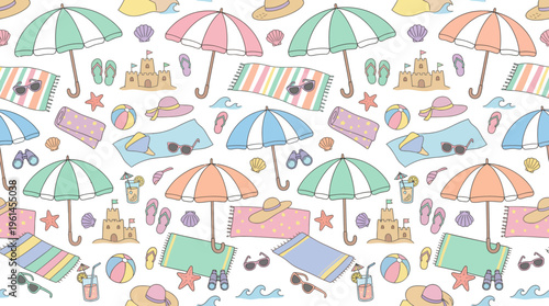 Playful Beach Pattern with Umbrellas, Loungers, and Seaside Accessories Seamless Design.