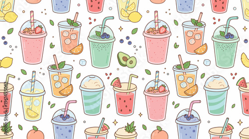 Colorful Pattern of Assorted Drink Cups with Straws and Glasses in a Playful Repeating Design.