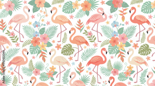 Pastel Tropical Flamingo Pattern with Leaves, Flowers, and Palm Motifs.