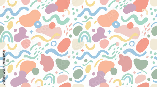 Colorful Abstract Pattern of Pastel Blobs and Doodles Across a Seamless Background.