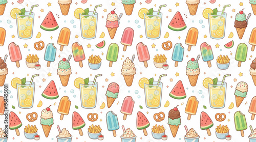Vibrant Summer Beverage Pattern with Juices, Teas, and Icy Treats.