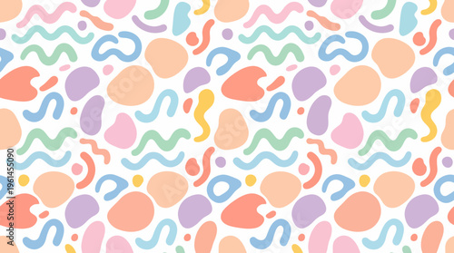 Pastel abstract decorative pattern of soft shapes and colorful curves forming a seamless background design.