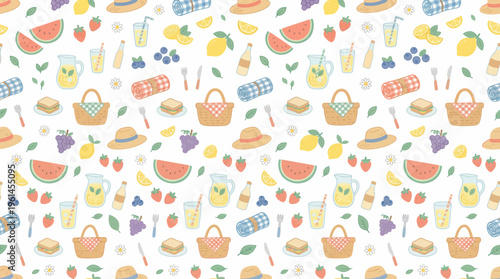 Playful colorful kitchenware and food pattern seamless design for textiles and graphics.