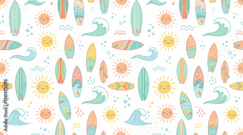 Vibrant Tropical Surfboard Pattern with Sun and Waves in a Seamless Beach Design.