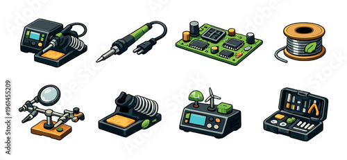 Soldering tools and circuit board set on neutral background