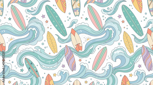 Colorful feather inspired pattern with pastel swirls and abstract shapes for textiles and decor.