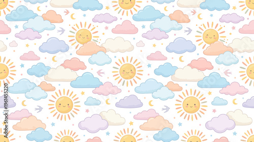 Pastel Sun and Cloud Pattern with Rainbows, Clouds, and Rain.