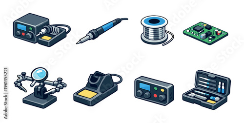 Soldering kit and circuit board icons on gray background