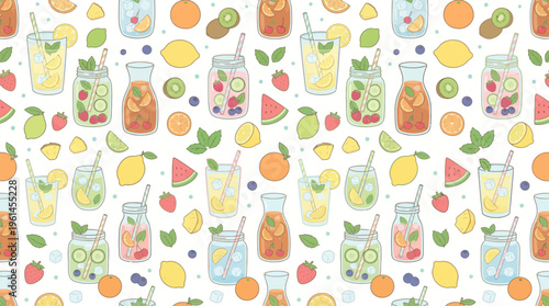 Colorful Assortment of Drinks and Fruit Bottles in a Fresh Pattern.