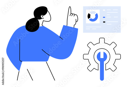 Workflow management. Workflow integration with data analysis tools and gear icon. Workflow optimization supports efficient planning and processes. Ideal for business, technology, productivity, IT